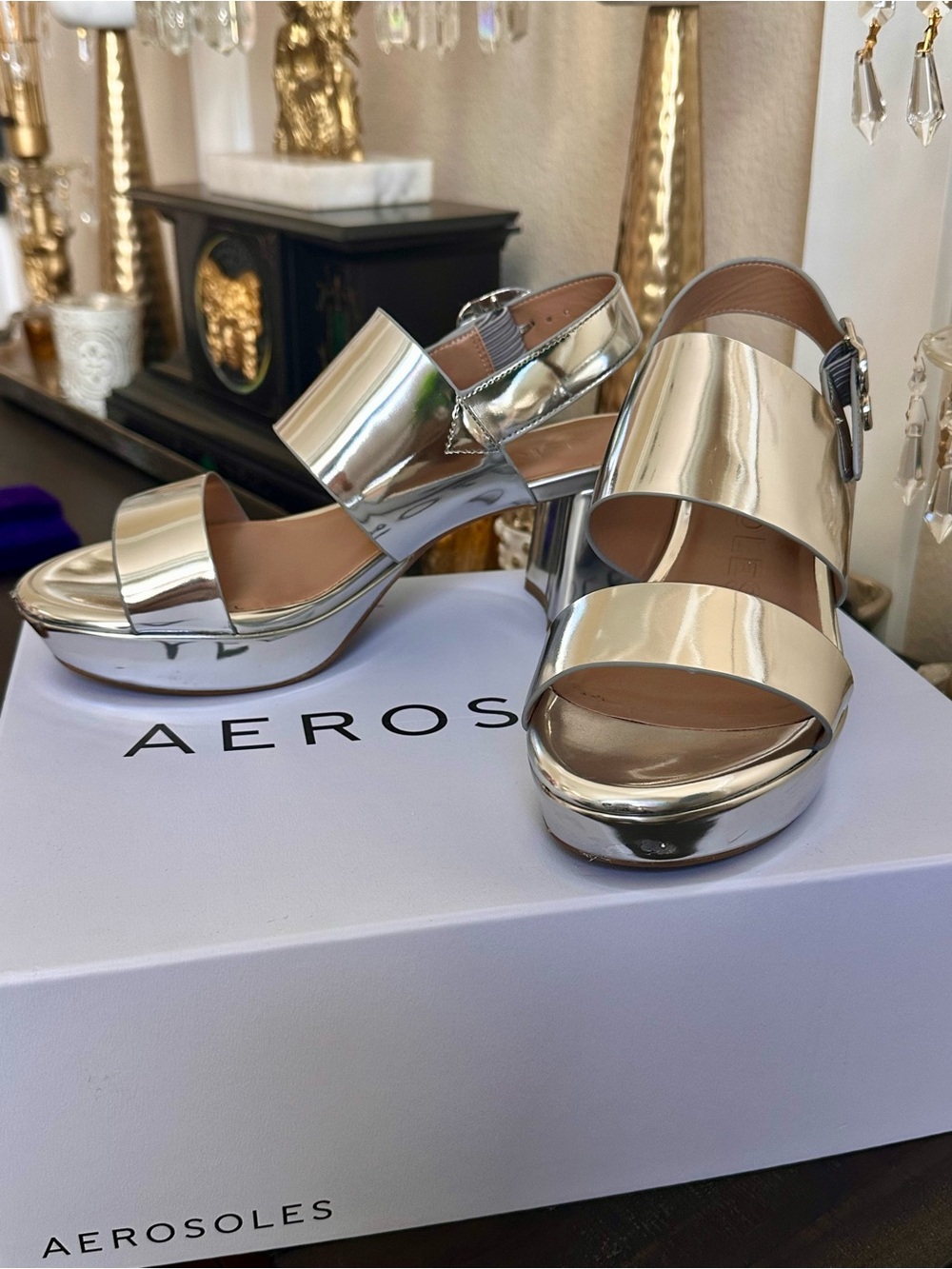 AEROSOLES Metallic SILVER Wide-Strap Slingback Platform Sandals. Worn once 8.5 - Picture 2 of 15